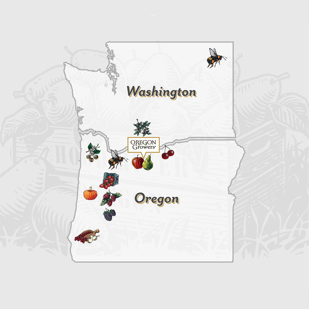 Map of Washington and Oregon showing location of Oregon Growers farming partners and products.