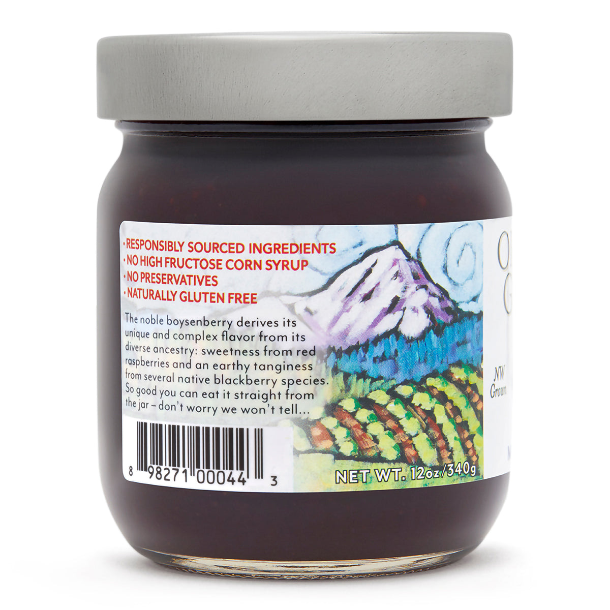 Close-up left side view of Oregon Growers Boysenberry jam in a 12 oz. jar  with label showing responsible sourcing information.