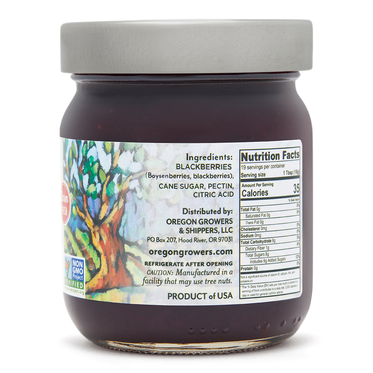 Close-up right side view of the Oregon Growers Boysenberry Jam in a 12 oz. jar, highlighting a label with ingredients, nutritional facts, and product details. 