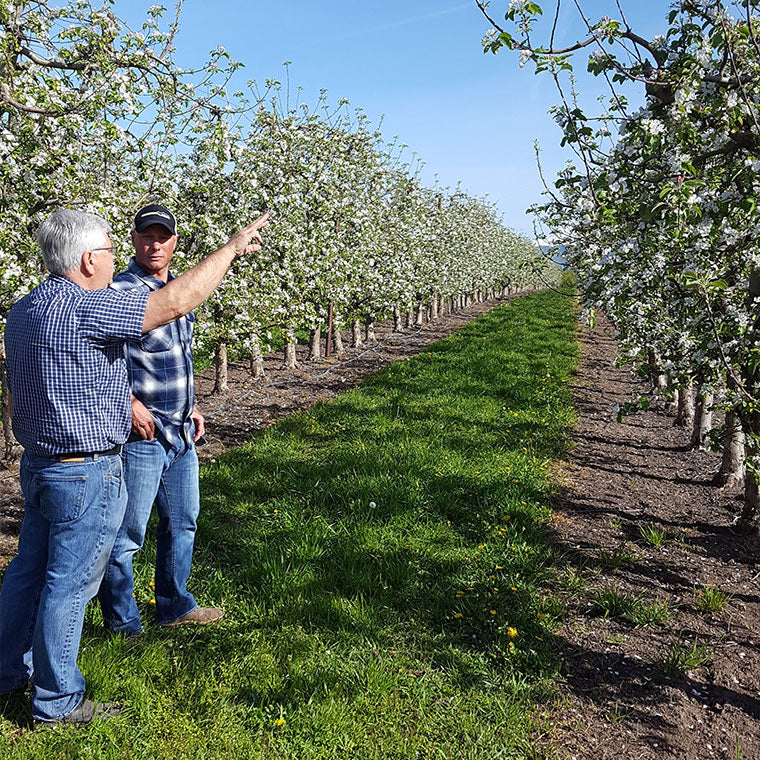 Dave Gee, Oregon Growers founder, in a field discussing business with one of the local orchardist.