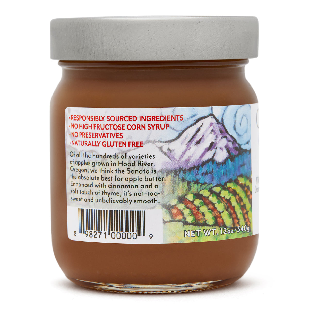 Close-up view (left side) of the Apple Butter in the 12 oz. glass jar.