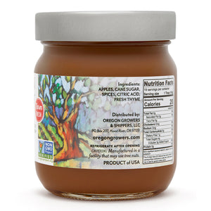 Close-up view (right side) of the Apple Butter in the 12 oz. glass jar showing the ingredients and nutritional facts. 