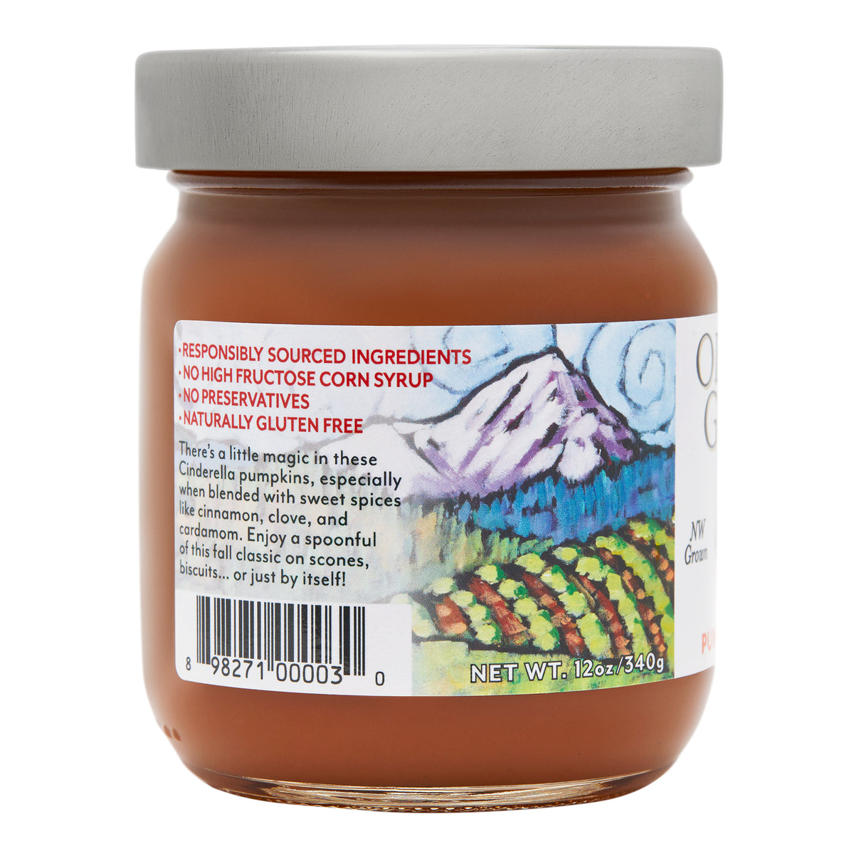 Close-up view (left side) of our Pumpkin Butter in the 12 oz.  jar, showing general information such as product summary.