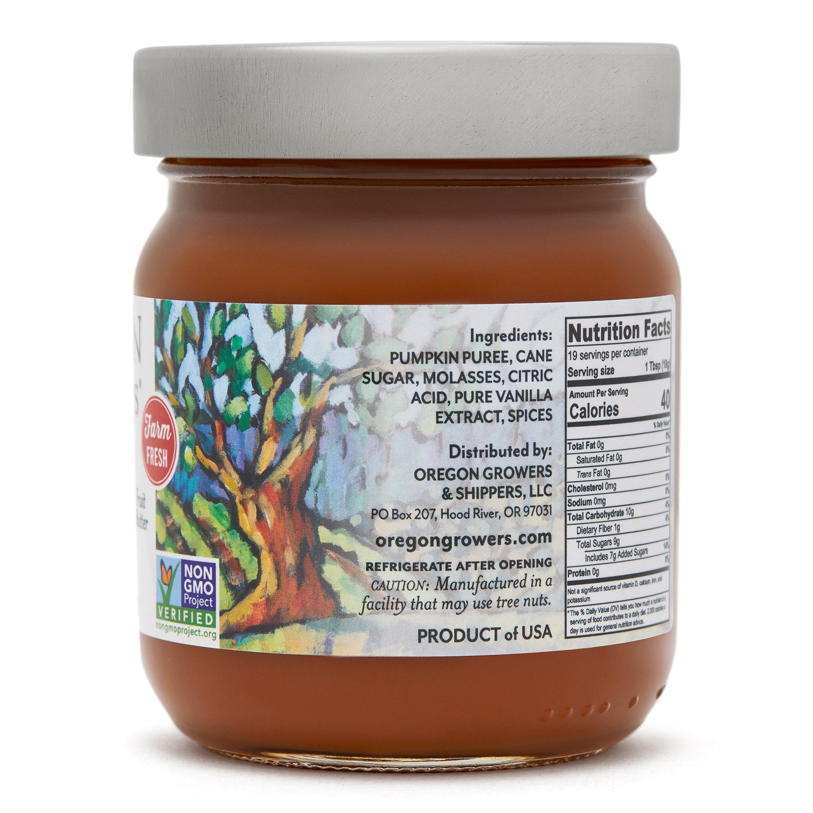 Close-up view (right side) of our Pumpkin Butter in the 12 oz. jar, showing detail information such as nutritional facts.