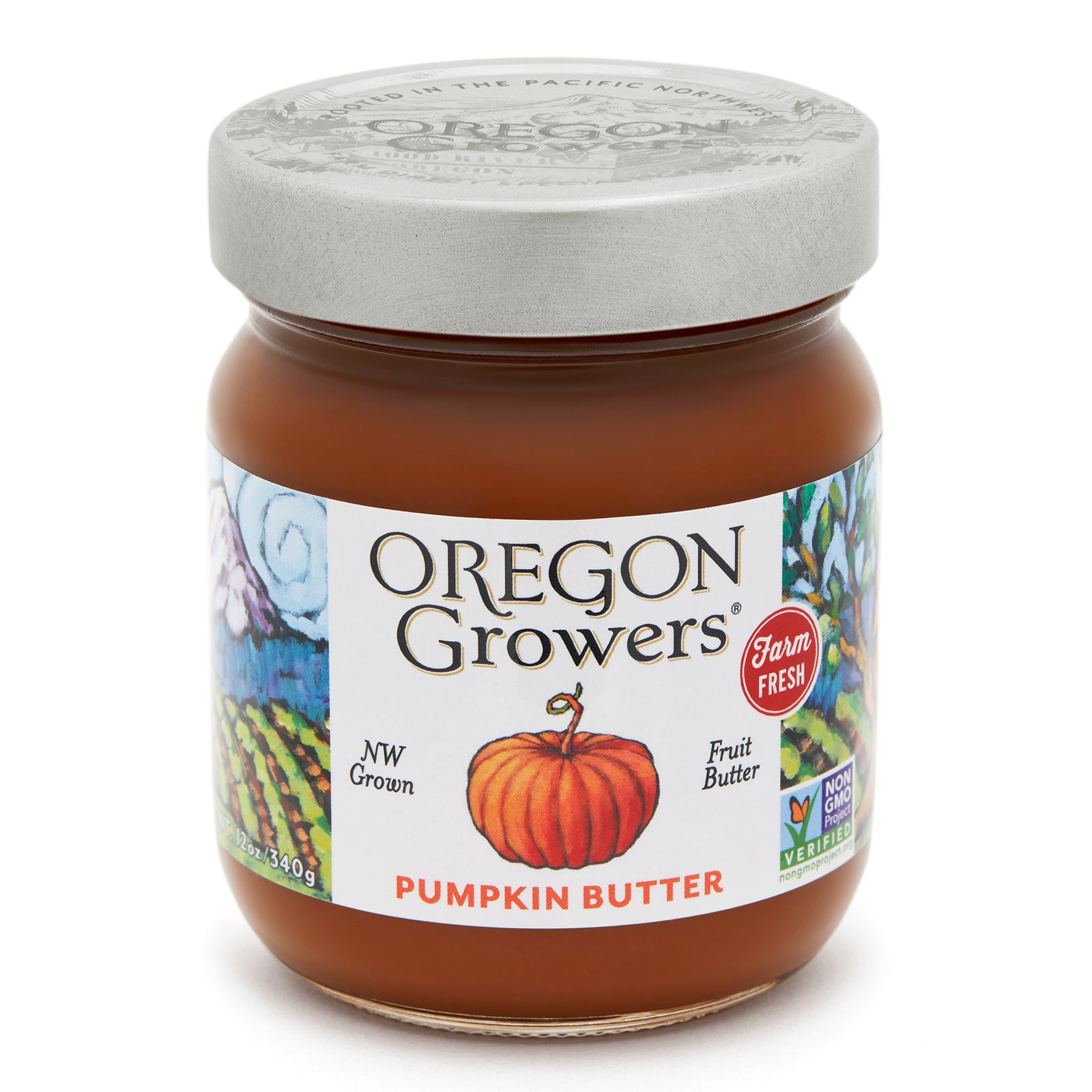 Close-up view (front side) of our Pumpkin Butter in the 12 oz. jar with the colorful label and 'FARM FRESH' badge.