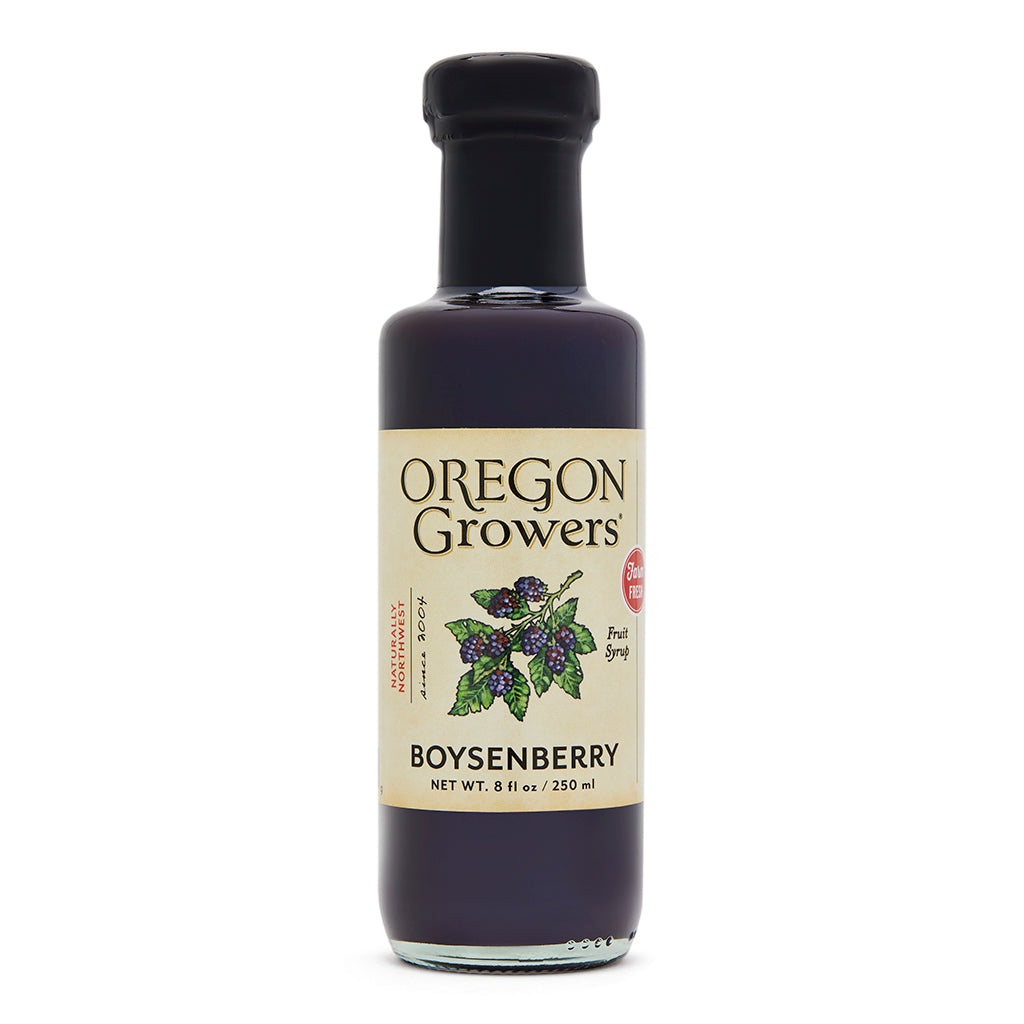 Close-up of the Boysenberry Fruit Syrup 8 oz. glass jar.