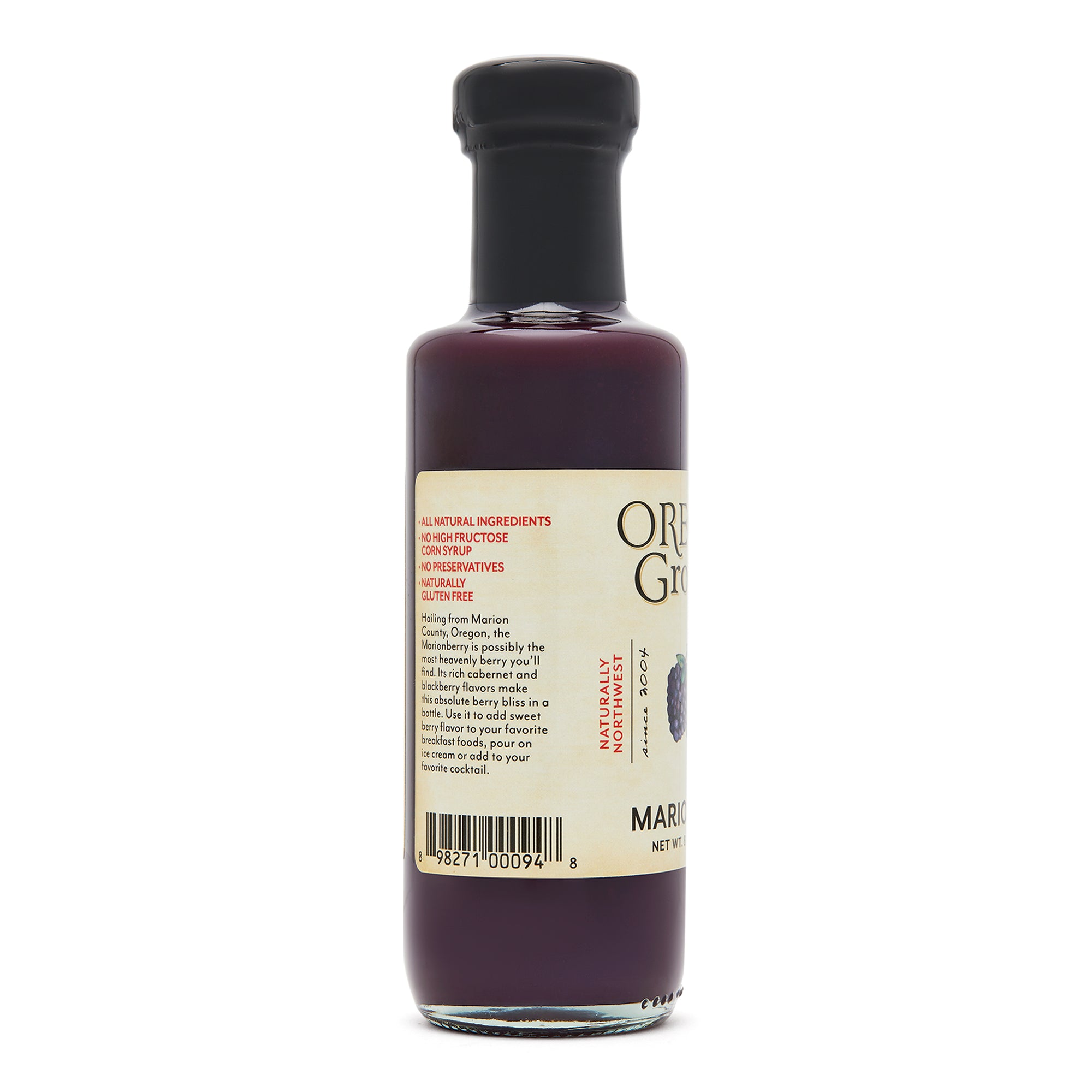 Close-up left side view of the Marionberry Fruit Syrup 8 oz. glass jar.