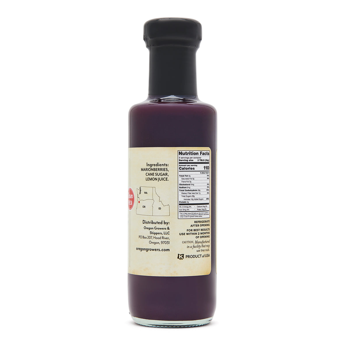 Close-up right side view of the Marionberry Fruit Syrup 8 oz. glass jar.