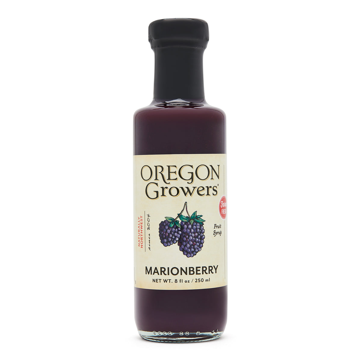 Close-up of the Marionberry Fruit Syrup 8 oz. glass jar.