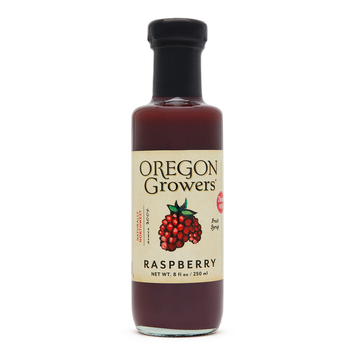 Onos Raspberry Syrup Close-up view (front side) of our Raspberry Fruit Syrup in the 8 ounce ...
