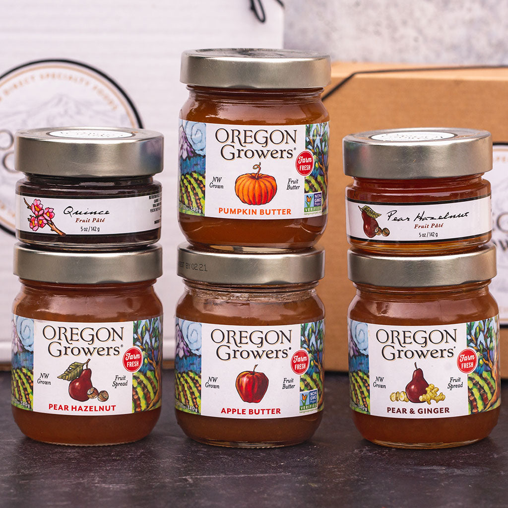 Oregon Growers jam, fruit butter and fruit pate in a gift box