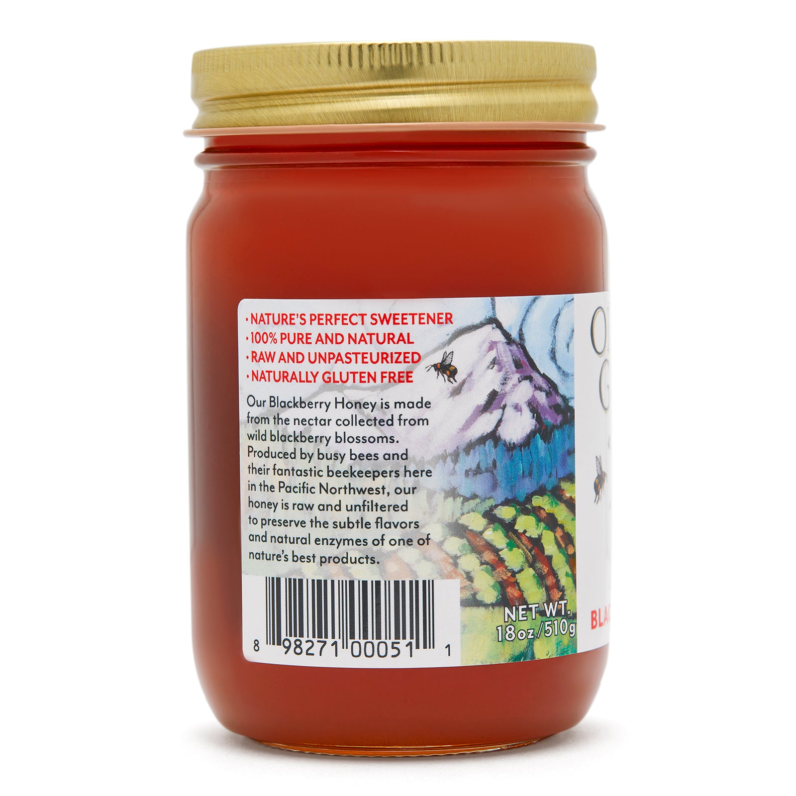 Close-up view (left side) of our Oregon Growers Blackberry Honey in the 18 oz. jar, showing general information such as product summary.