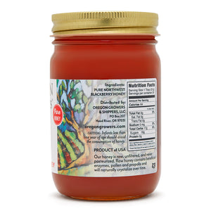 Close-up view (right side) of our Blackberry Honey in the 18 ounce jar, showing detail information such as nutritional facts.