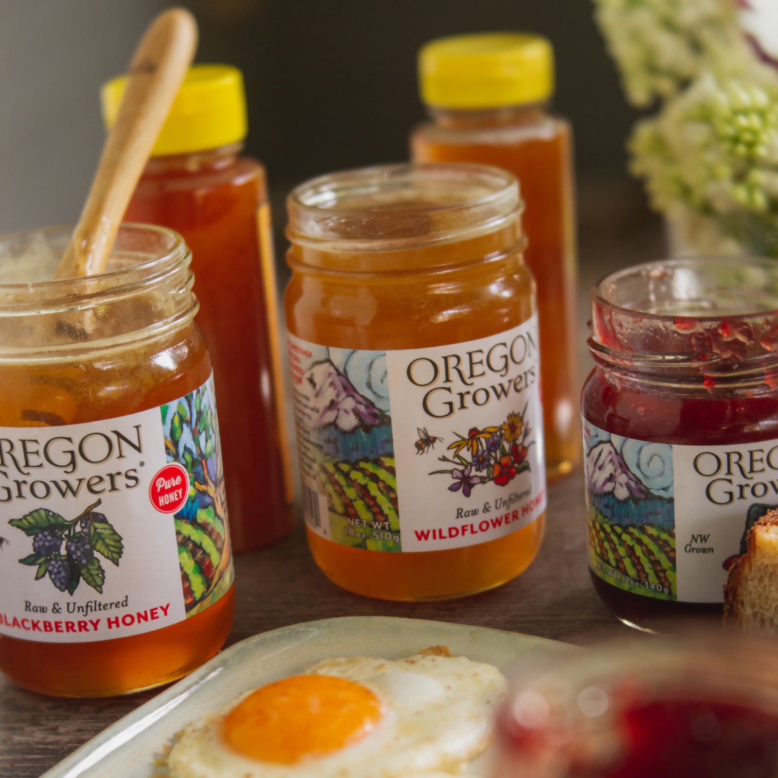 All our Oregon Growers honeys on a breakfast table.