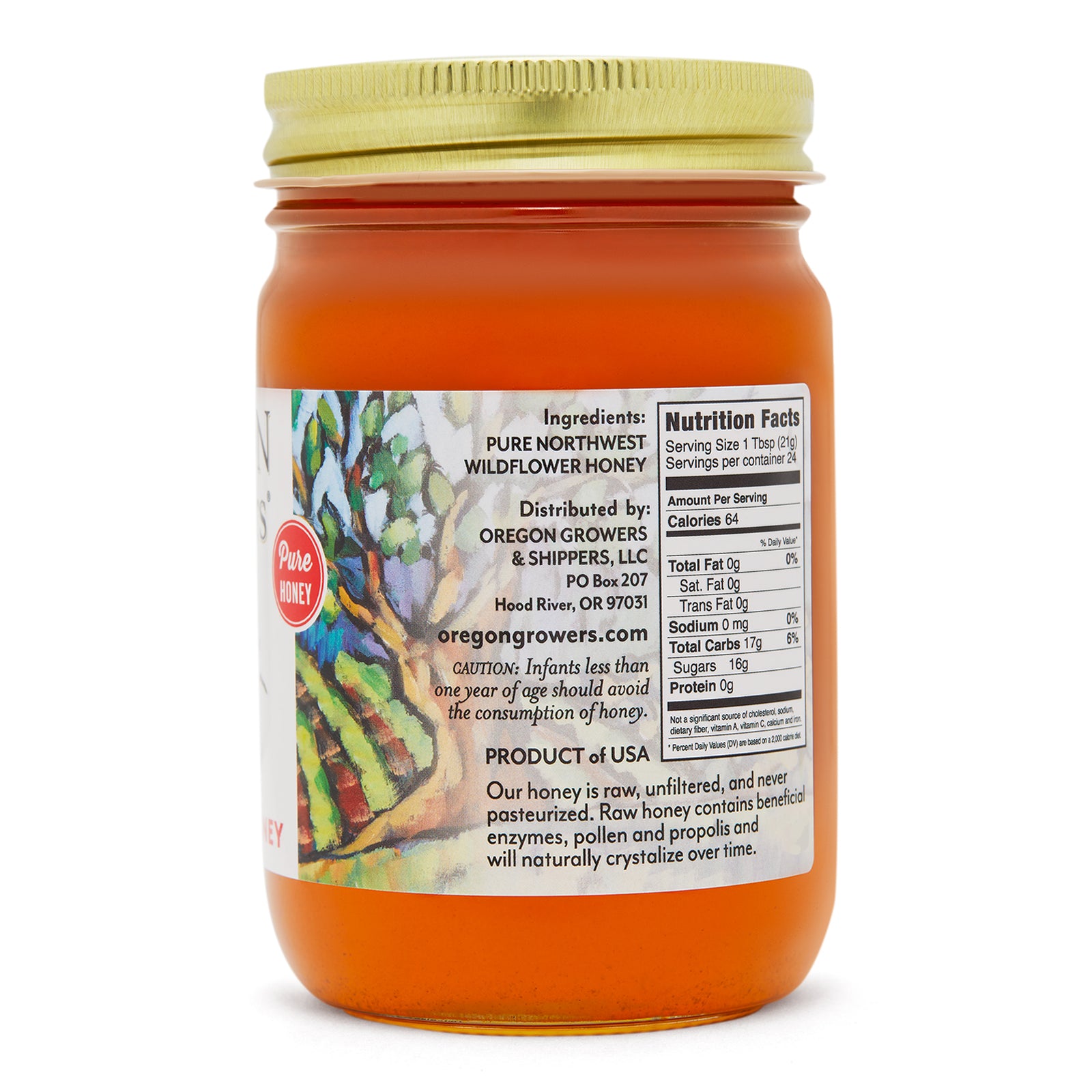 Close-up right side view of the Wildflower Honey 18 oz. glass jar.