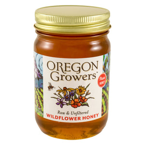 Close-up of the Wildflower Honey 18 oz. glass jar.