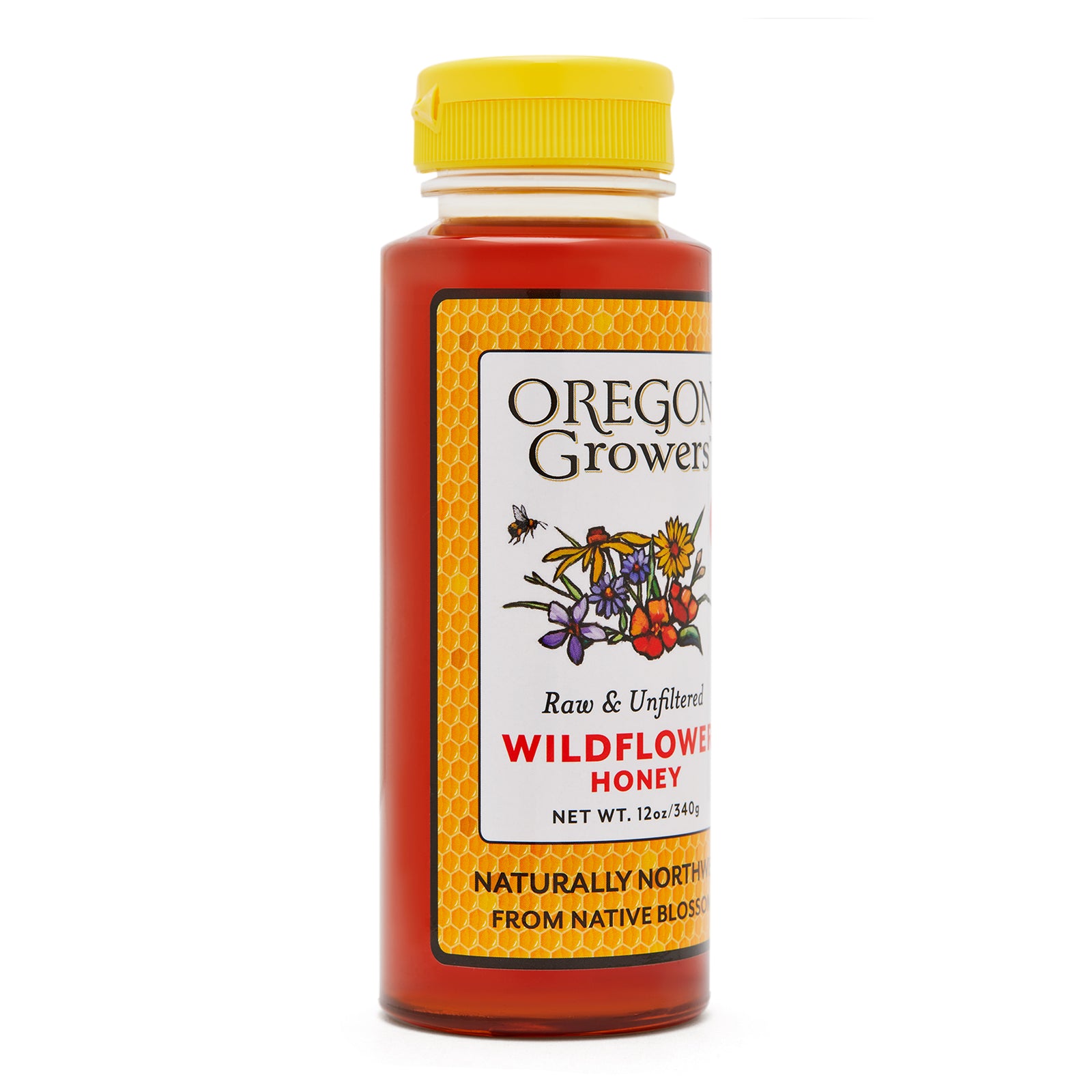 Close-up view (left side) of our Wildflower Honey in the 12 oz. Squeeze Bottle.