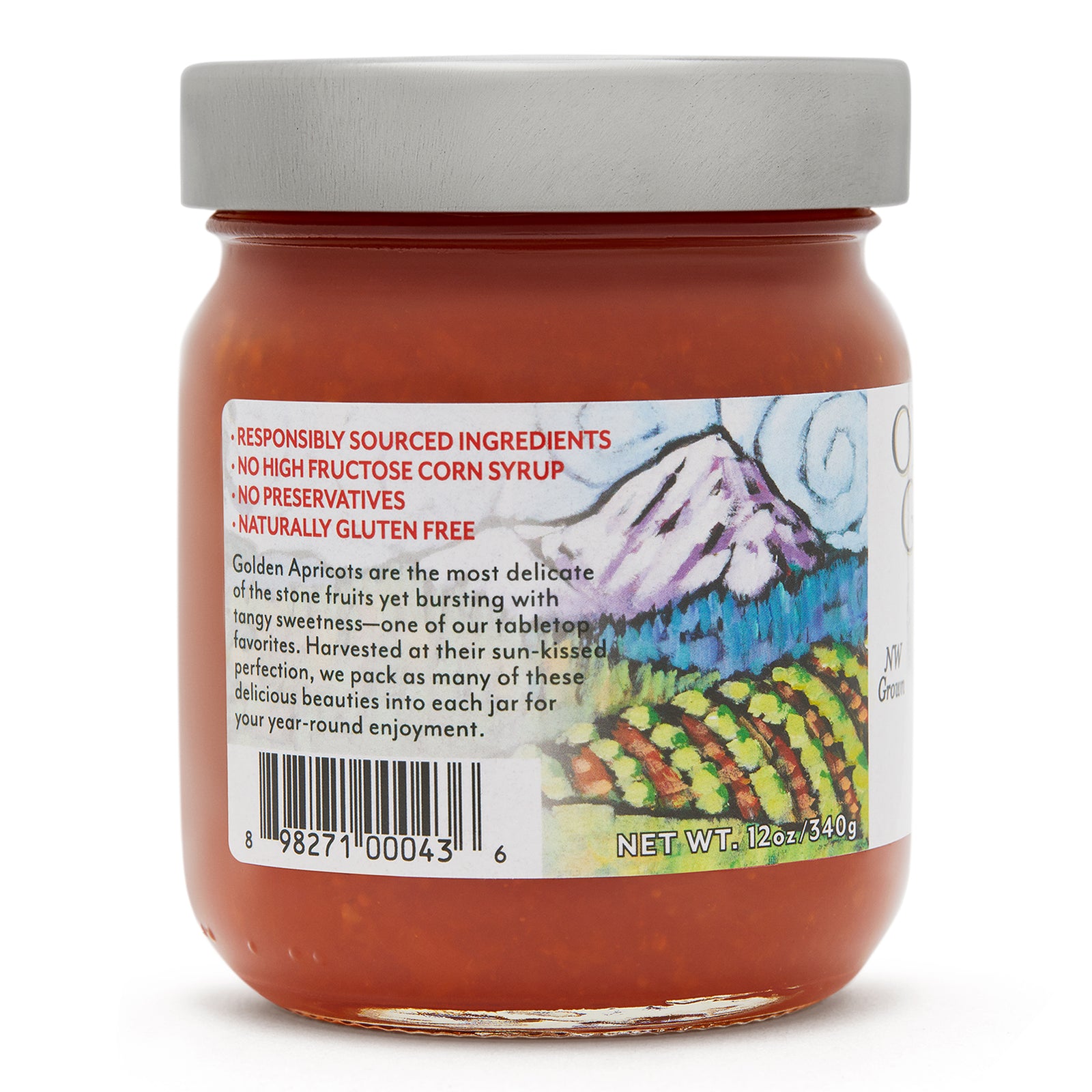 Close-up left side view of the Apricot Jam 12 oz. glass jar.