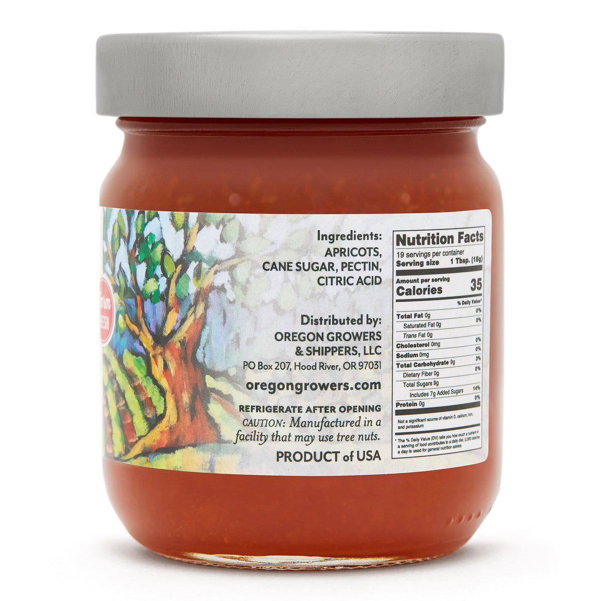 Close-up right side view of the Apricot Jam 12 oz. glass jar.