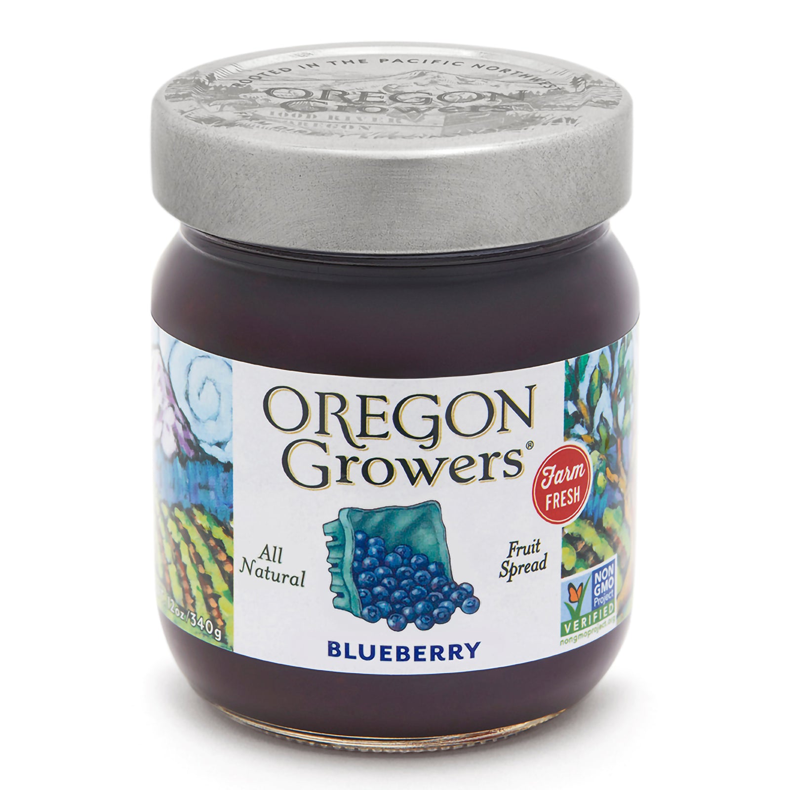 Close-up view (front side) of the Blueberry Jam 12 oz. glass jar.