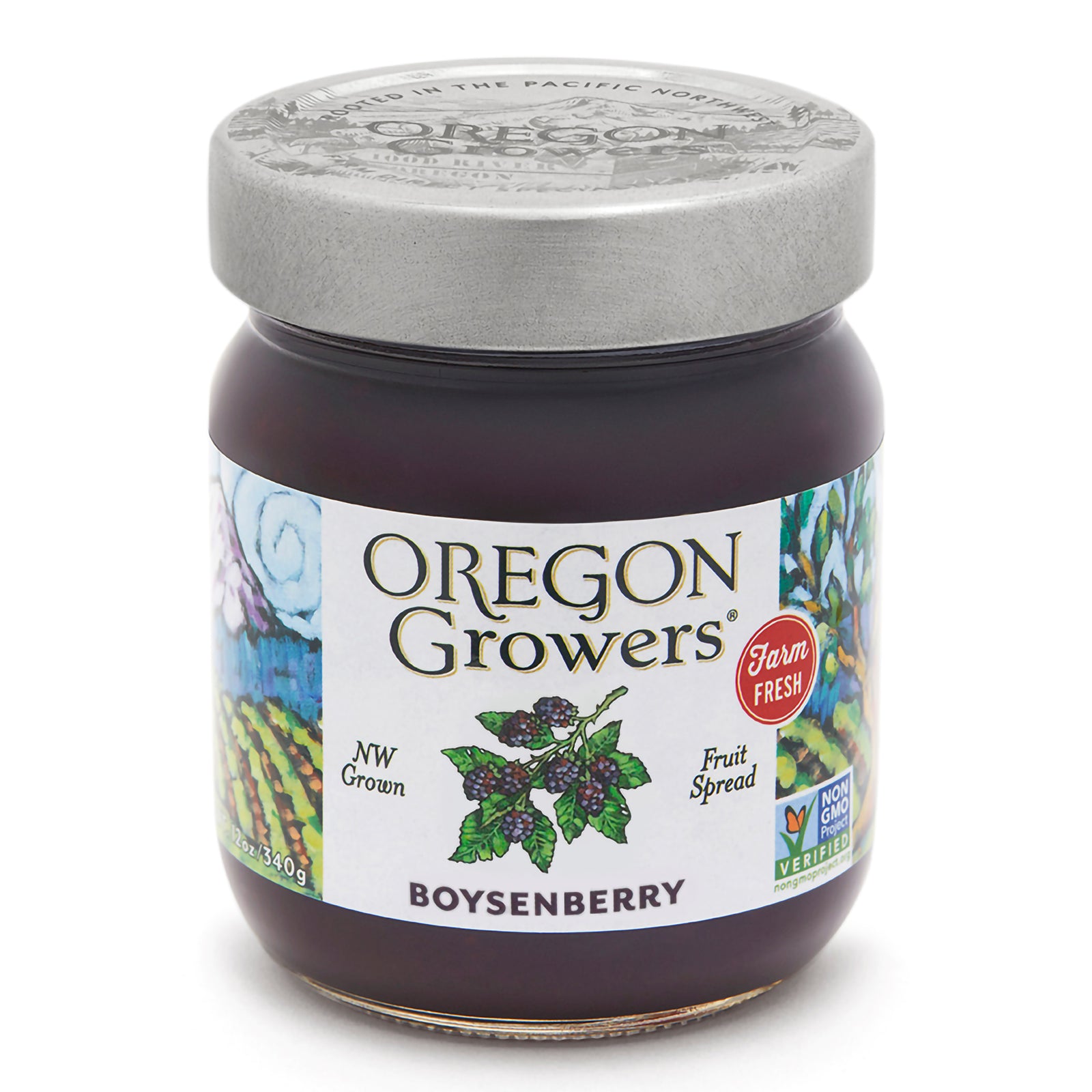 Close-up view (front side) of the Oregon Growers Blueberry Jam 12 oz. glass jar.