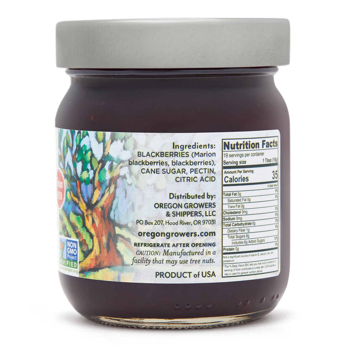 Close-up right side view of the Oregon Growers Marionberry Jam 12 oz. glass jar, highlighting a label with ingredients, nutritional facts, and product details.