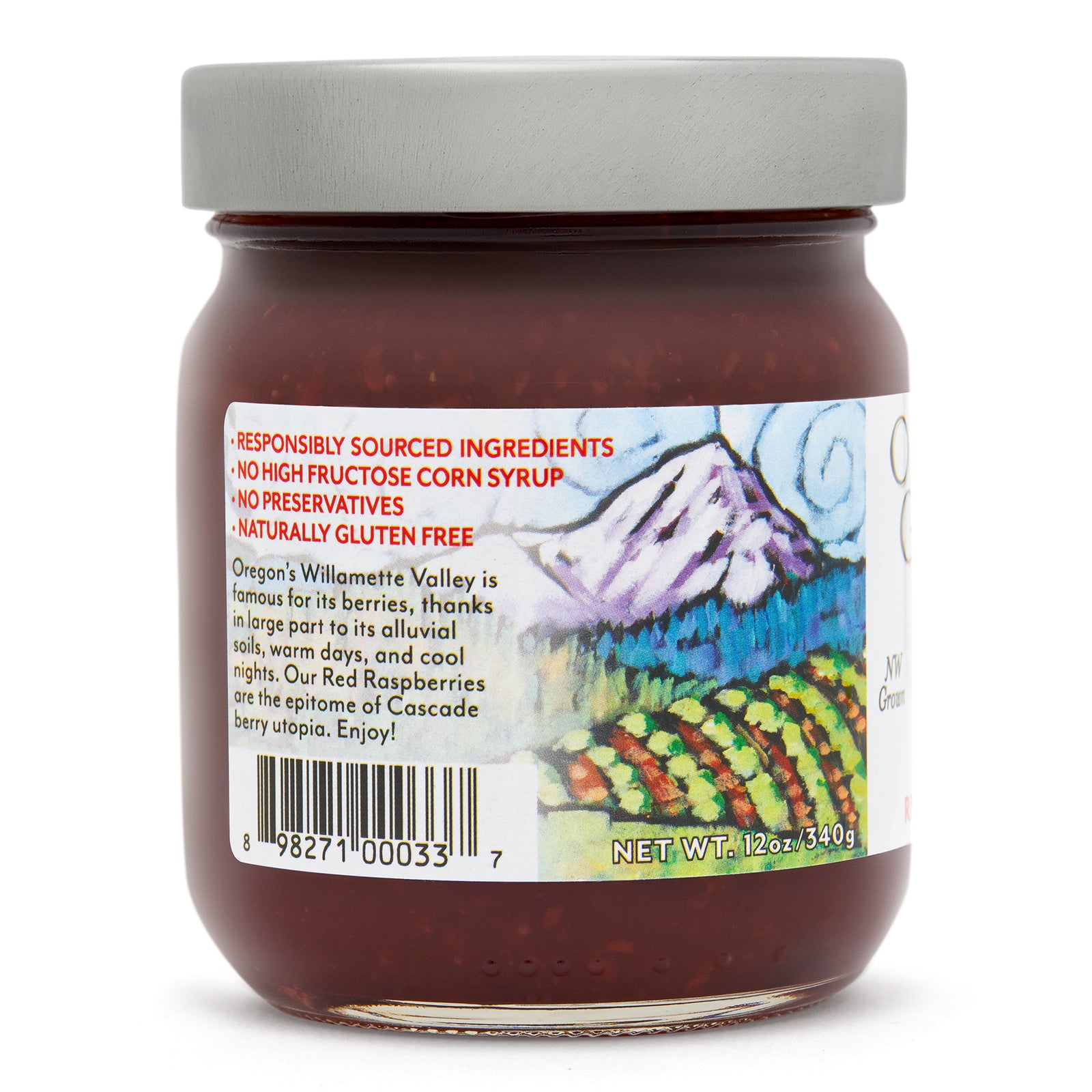 Close-up view (left side) of our Oregon Growers Red Raspberry Jam in the 12 ounce jar, showing general information such as product summary.