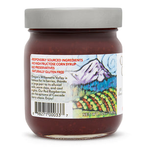 Close-up view (left side) of our Red Raspberry Jam in the 12 ounce jar, showing general information such as product summary.