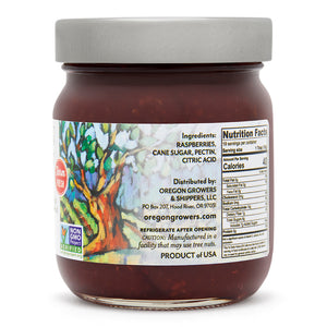          Close-up view (right side) of our Red Raspberry Jam in the 12 ounce jar, showing detail information such as nutritional facts.  