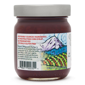 Close-up view (left side) of our Strawberry Jam in the 12 ounce jar, showing general information such as product summary.