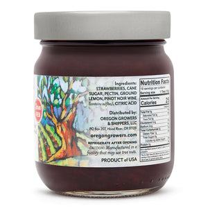 Close-up view (right side) of our Strawberry Pinot Noir Jam in the 12 ounce jar, showing detail information such as nutritional facts.