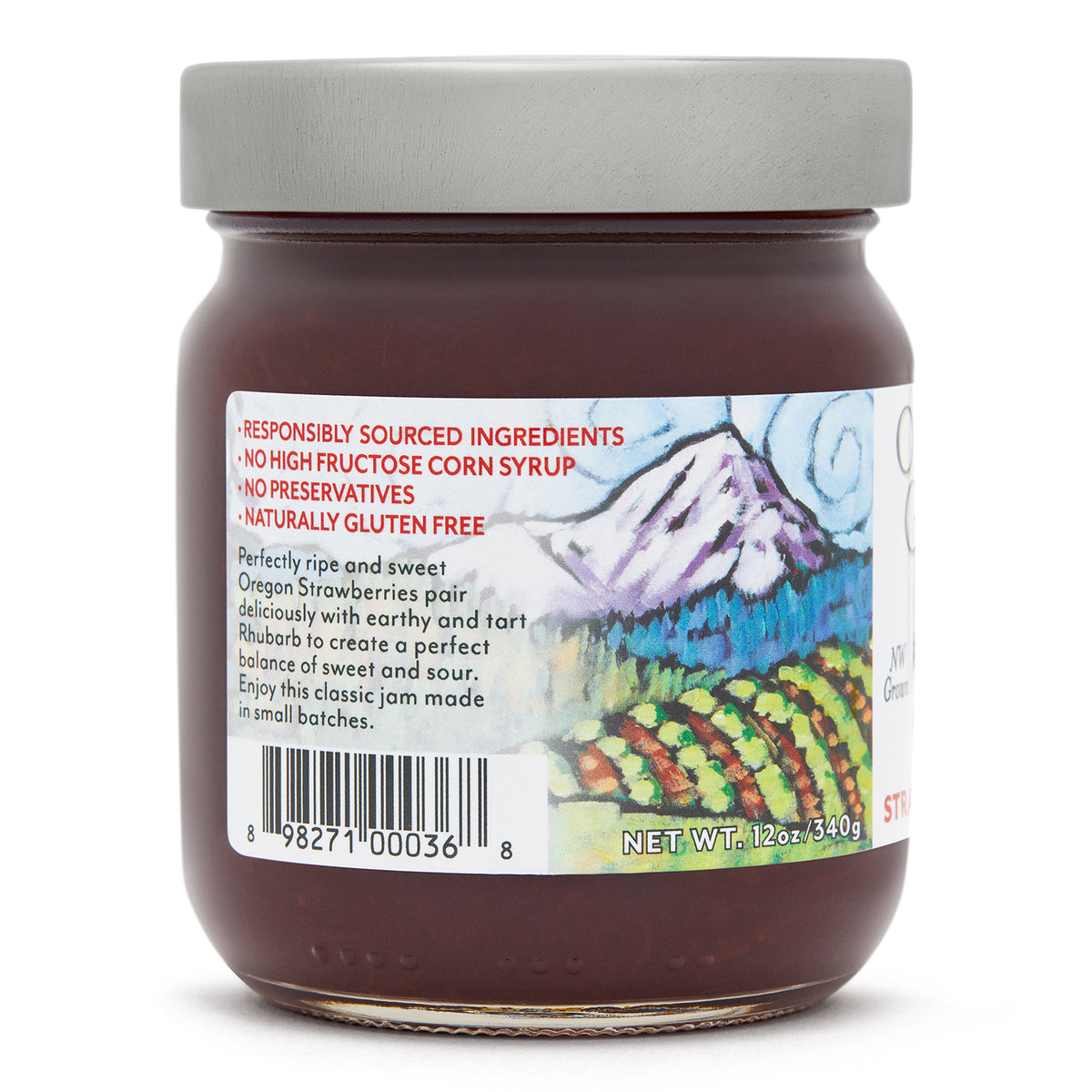 Close-up view (left side) of our Strawberry Rhubarb Jam in the 12 ounce jar, showing general information such as product summary.
