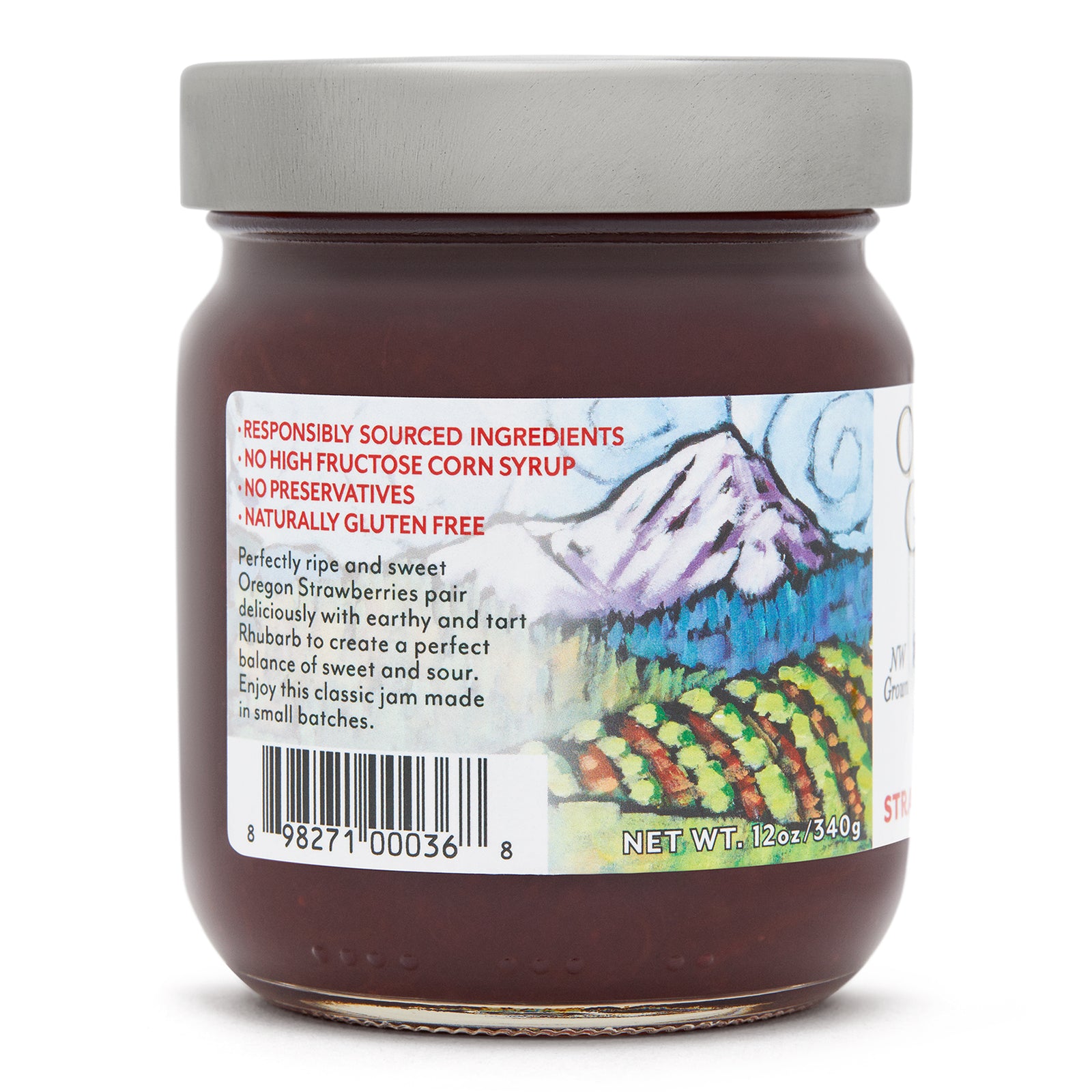 Close-up view (left side) of our Strawberry Rhubarb Jam in the 12 ounce jar, showing general information such as product summary.