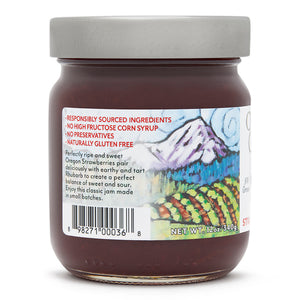 Close-up view (left side) of our Strawberry Rhubarb Jam in the 12 ounce jar, showing general information such as product summary.