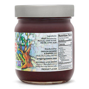 Close-up view (right side) of our Strawberry Rhubarb Jam in the 12 ounce jar, showing detail information such as nutritional facts.