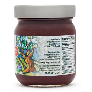 Close-up view (right side) of our Strawberry Jam in the 12 ounce jar, showing detail information such as nutritional facts. 